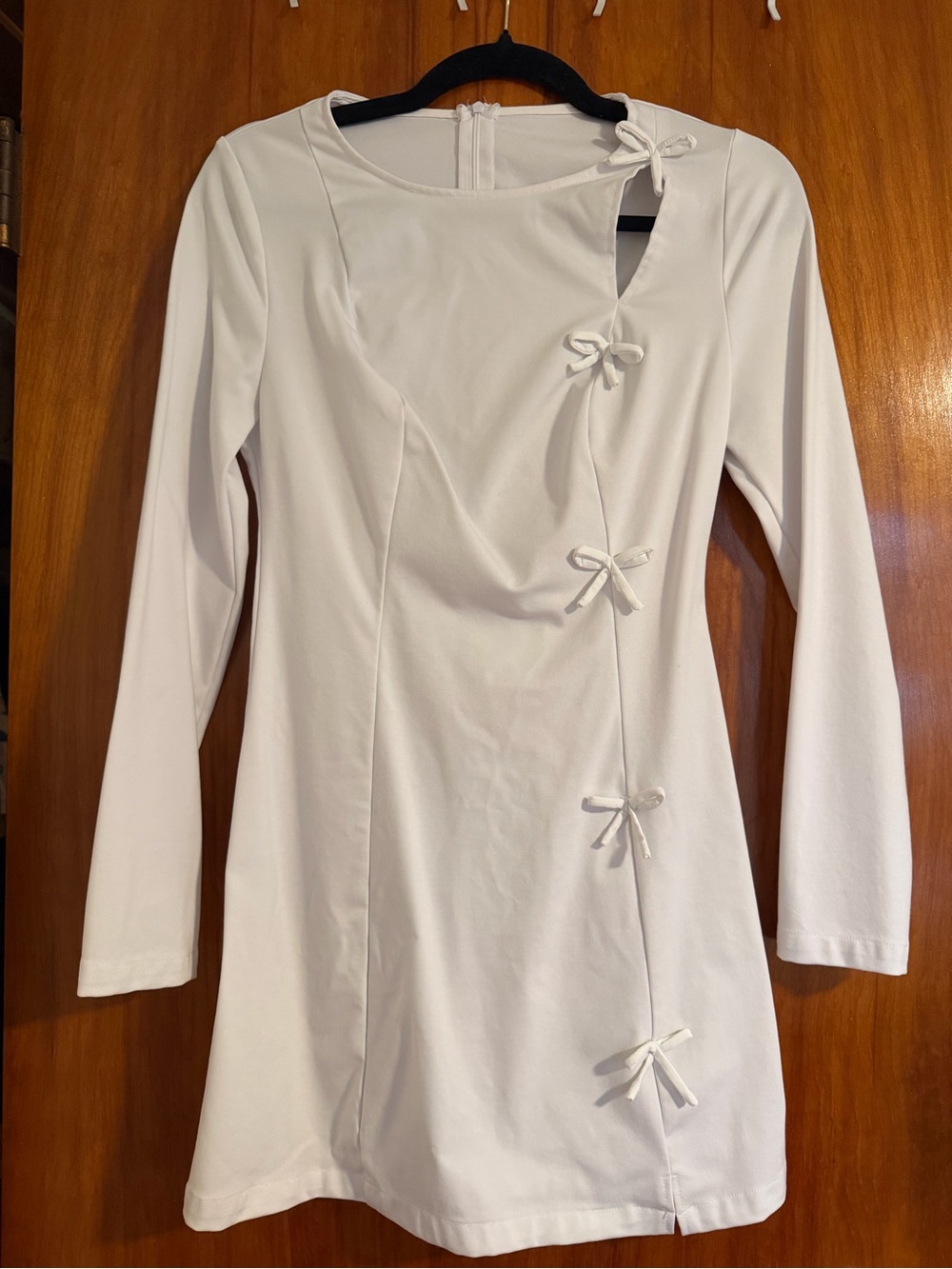 White Long-Sleeve Bow-Accent Mini Dress